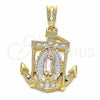Dije Religioso 05.351.0056 Oro Laminado, Diseño de Ancla y Guadalupe, con Blanca Cristal, Pulido, Tres Tonos
