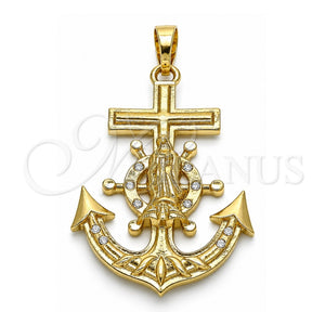 Dije Religioso 05.351.0057 Oro Laminado, Diseño de Ancla y Guadalupe, con Blanca Cristal, Pulido, Tono Dorado