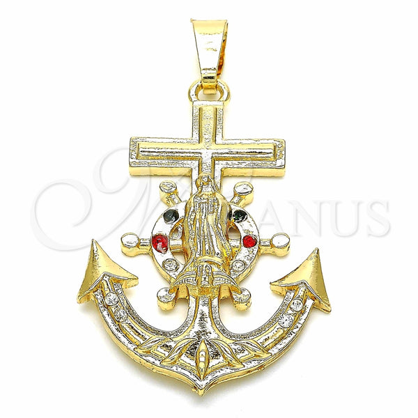 Dije Religioso 05.351.0057.1 Oro Laminado, Diseño de Ancla y Guadalupe, con Multicolor Cristal, Pulido, Tono Dorado