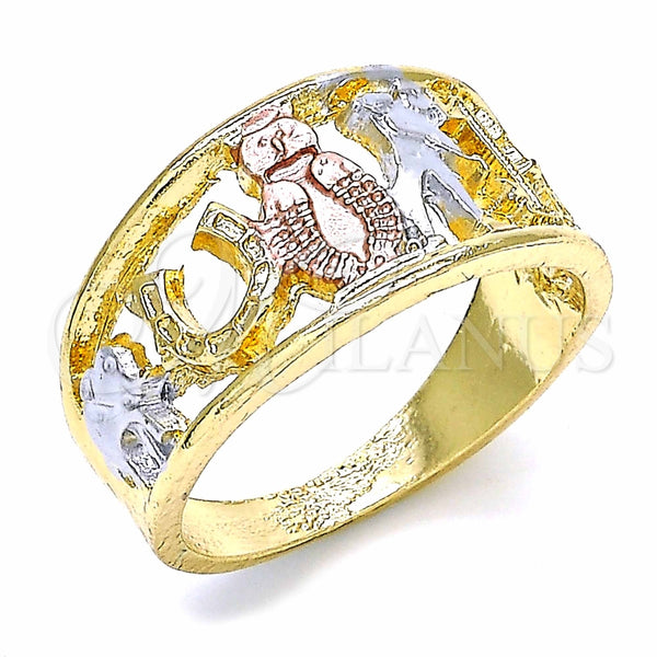 Anillo Elegante 01.351.0003.08 Oro Laminado, Diseño de Búho y Elefante, Pulido, Tres Tonos (Size 8)