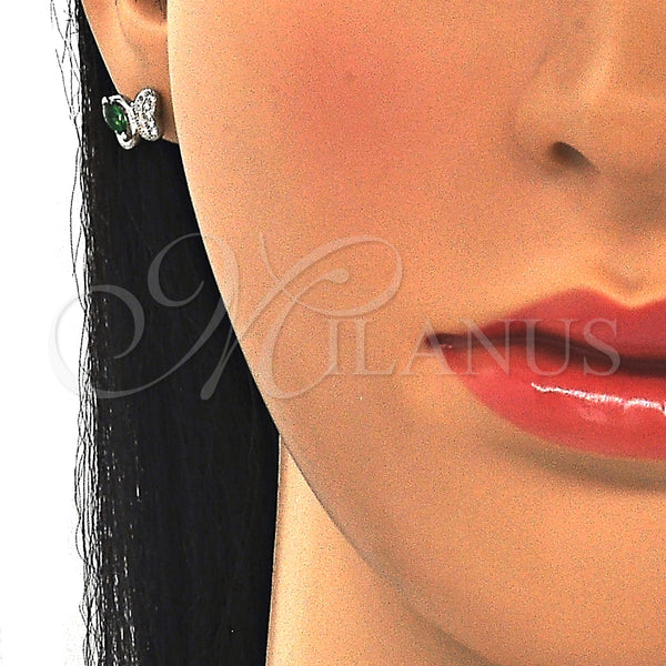 Arete Dormilona 02.369.0007.2 Plata Rodinada, Diseño de Mariposa, con Zirconia Cubica Verde y Micro Pave Blanca, Pulido, Rodinado