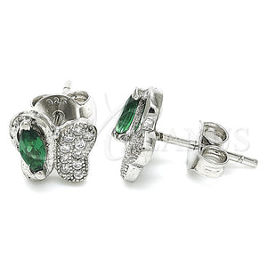 Arete Dormilona 02.369.0007.2 Plata Rodinada, Diseño de Mariposa, con Zirconia Cubica Verde y Micro Pave Blanca, Pulido, Rodinado