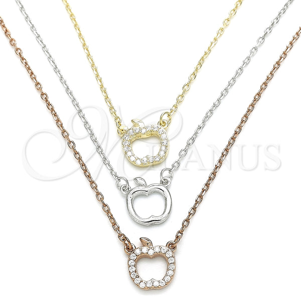 Collares con Dije 04.369.0002.18 Plata Rodinada, Diseño de Manzana, con Zirconia Cubica Blanca, Pulido, Tres Tonos (Grosor 01 MM, 18 Pulgadas de Largo)