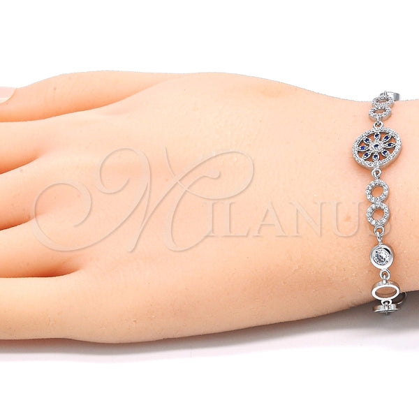 Pulsera Elegante 03.369.0002.07 Plata Rodinada, Diseño de Flor, con Zirconia Cubica Zafiro Azul y Blanca, Pulido, Rodinado (Grosor 06 MM, 7 Pulgadas de Largo)