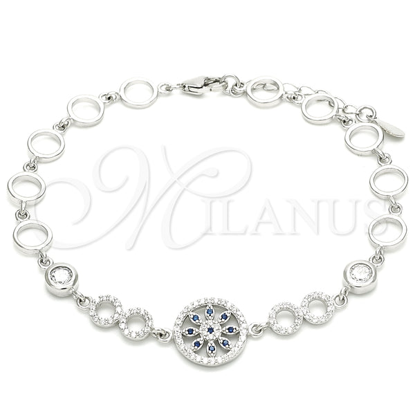 Pulsera Elegante 03.369.0002.07 Plata Rodinada, Diseño de Flor, con Zirconia Cubica Zafiro Azul y Blanca, Pulido, Rodinado (Grosor 06 MM, 7 Pulgadas de Largo)