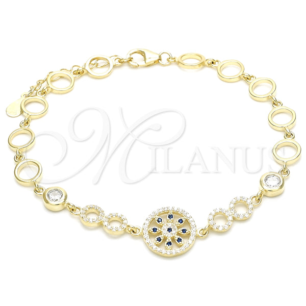Pulsera Elegante 03.369.0002.3.07 Plata Rodinada, Diseño de Flor, con Zirconia Cubica Zafiro Azul y Blanca, Pulido, Tono Dorado (Grosor 06 MM, 7 Pulgadas de Largo)