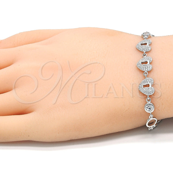 Pulsera Elegante 03.369.0009.07 Plata Rodinada, Diseño de Corazón y Candado, con Zirconia Cubica Blanca, Pulido, Rodinado (Grosor 06 MM, 7 Pulgadas de Largo)