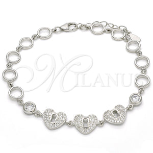 Pulsera Elegante 03.369.0009.07 Plata Rodinada, Diseño de Corazón y Candado, con Zirconia Cubica Blanca, Pulido, Rodinado (Grosor 06 MM, 7 Pulgadas de Largo)