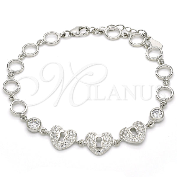 Pulsera Elegante 03.369.0009.07 Plata Rodinada, Diseño de Corazón y Candado, con Zirconia Cubica Blanca, Pulido, Rodinado (Grosor 06 MM, 7 Pulgadas de Largo)