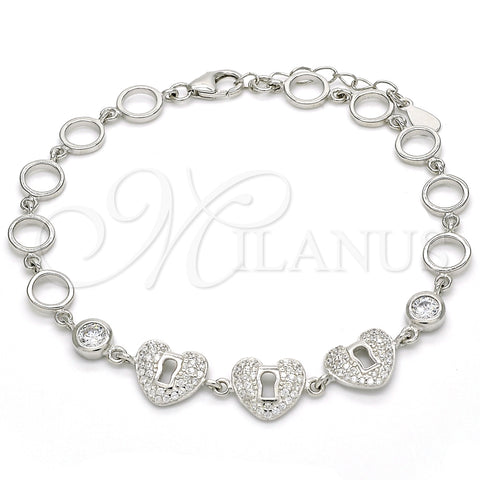Pulsera Elegante 03.369.0009.07 Plata Rodinada, Diseño de Corazón y Candado, con Zirconia Cubica Blanca, Pulido, Rodinado (Grosor 06 MM, 7 Pulgadas de Largo)