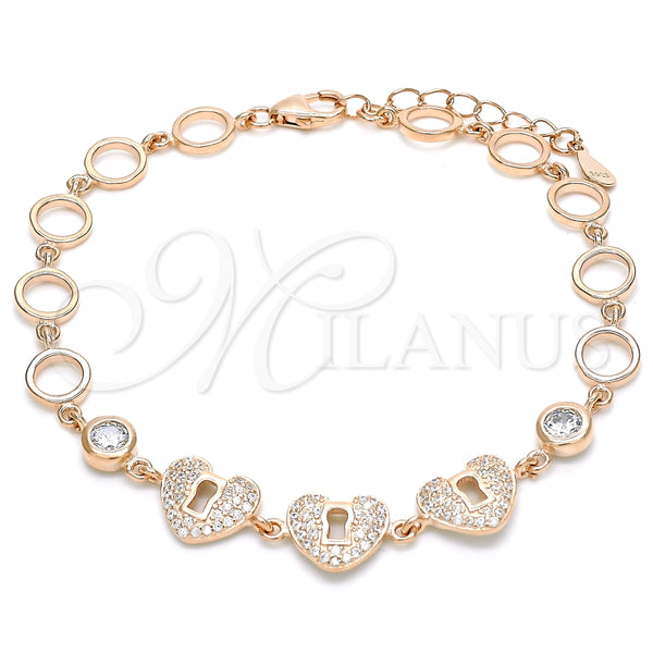 Pulsera Elegante 03.369.0009.1.07 Plata Rodinada, Diseño de Corazón y Candado, con Zirconia Cubica Blanca, Pulido, Tono Rosado (Grosor 06 MM, 7 Pulgadas de Largo)