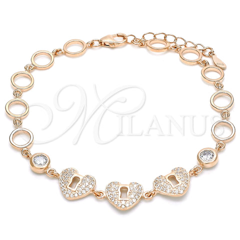 Pulsera Elegante 03.369.0009.1.07 Plata Rodinada, Diseño de Corazón y Candado, con Zirconia Cubica Blanca, Pulido, Tono Rosado (Grosor 06 MM, 7 Pulgadas de Largo)