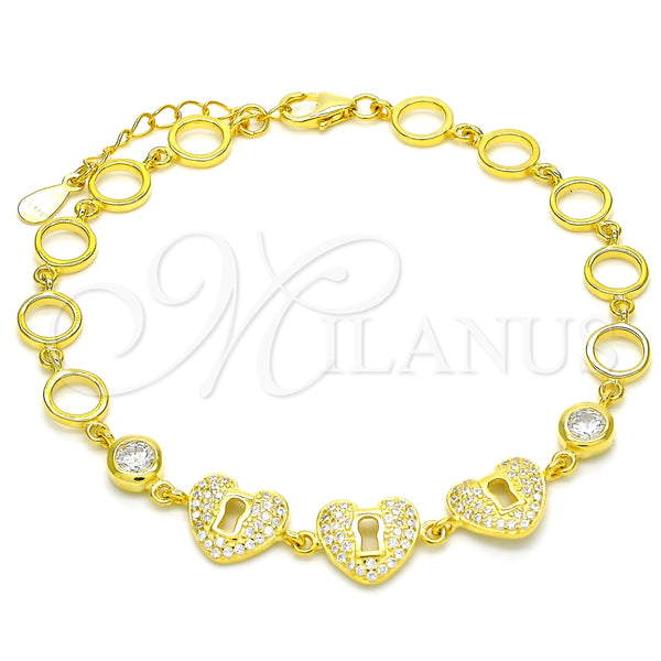 Pulsera Elegante 03.369.0009.2.07 Plata Rodinada, Diseño de Corazón y Candado, con Zirconia Cubica Blanca, Pulido, Tono Dorado (Grosor 06 MM, 7 Pulgadas de Largo)
