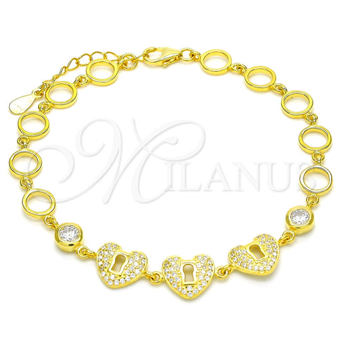 Pulsera Elegante 03.369.0009.2.07 Plata Rodinada, Diseño de Corazón y Candado, con Zirconia Cubica Blanca, Pulido, Tono Dorado (Grosor 06 MM, 7 Pulgadas de Largo)