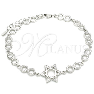 Pulsera Elegante 03.369.0010.07 Plata Rodinada, Diseño de Estrella de Davi, con Zirconia Cubica Blanca, Pulido, Rodinado (Grosor 05 MM, 7 Pulgadas de Largo)