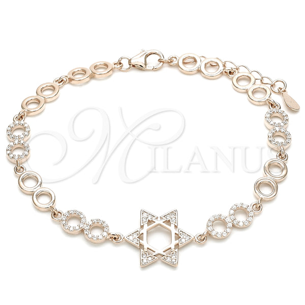 Pulsera Elegante 03.369.0010.1.07 Plata Rodinada, Diseño de Estrella de Davi, con Zirconia Cubica Blanca, Pulido, Tono Rosado (Grosor 05 MM, 7 Pulgadas de Largo)