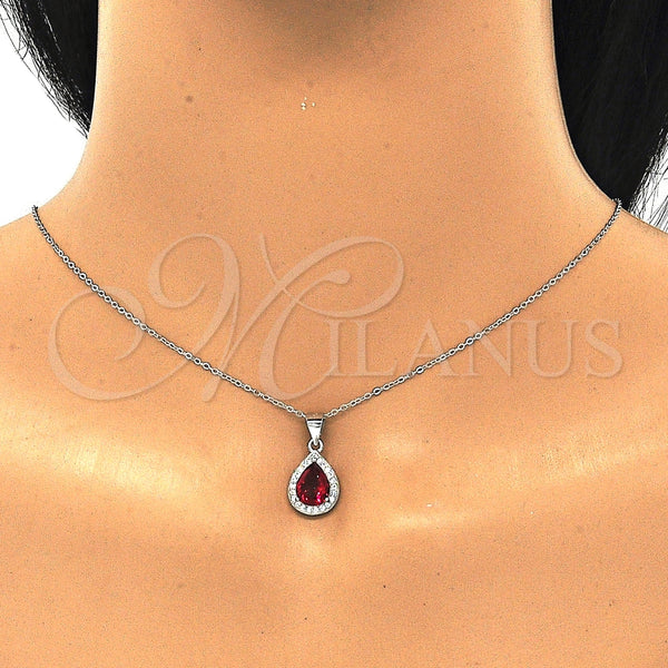 Juego de Arete y Dije de Adulto 10.175.0072.3 Plata Rodinada, Diseño de Gota, con Zirconia Cubica Rubi y Micro Pave Blanca, Pulido, Rodinado