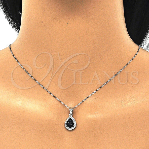 Juego de Arete y Dije de Adulto 10.175.0072.4 Plata Rodinada, Diseño de Gota, con Zirconia Cubica Negro y Micro Pave Blanca, Pulido, Rodinado