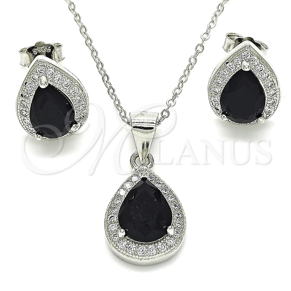 Juego de Arete y Dije de Adulto 10.175.0072.4 Plata Rodinada, Diseño de Gota, con Zirconia Cubica Negro y Micro Pave Blanca, Pulido, Rodinado