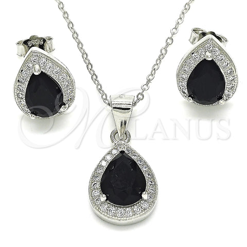 Juego de Arete y Dije de Adulto 10.175.0072.4 Plata Rodinada, Diseño de Gota, con Zirconia Cubica Negro y Micro Pave Blanca, Pulido, Rodinado
