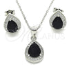 Juego de Arete y Dije de Adulto 10.175.0072.4 Plata Rodinada, Diseño de Gota, con Zirconia Cubica Negro y Micro Pave Blanca, Pulido, Rodinado