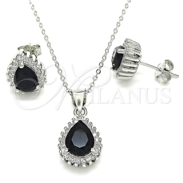 Juego de Arete y Dije de Adulto 10.175.0079.4 Plata Rodinada, Diseño de Gota, con Zirconia Cubica Negro y Blanca, Pulido, Rodinado