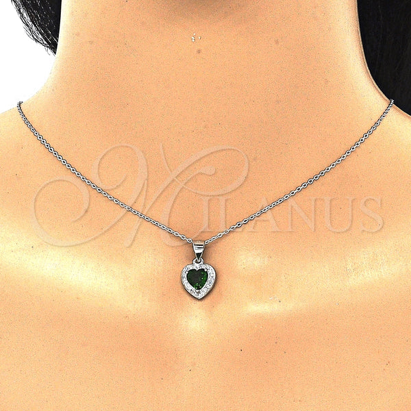 Juego de Arete y Dije de Adulto 10.175.0081.1 Plata Rodinada, Diseño de Corazón, con Zirconia Cubica Verde y Micro Pave Blanca, Pulido, Rodinado