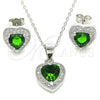 Juego de Arete y Dije de Adulto 10.175.0081.1 Plata Rodinada, Diseño de Corazón, con Zirconia Cubica Verde y Micro Pave Blanca, Pulido, Rodinado