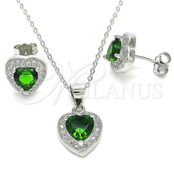 Juego de Arete y Dije de Adulto 10.175.0081.1 Plata Rodinada, Diseño de Corazón, con Zirconia Cubica Verde y Micro Pave Blanca, Pulido, Rodinado