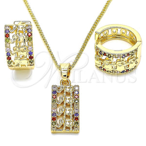 Juego de Arete y Dije de Adulto 10.210.0113.3 Oro Laminado, Diseño de Elefante, con Multicolor Micro Pave, Pulido, Tono Dorado