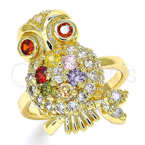 Anillo Multi Piedra 01.210.0091.1.08 Oro Laminado, Diseño de Búho, con Multicolor Zirconia Cubica, Pulido, Tono Dorado (Size 8)