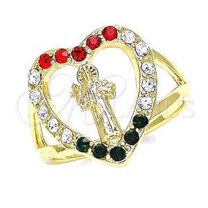Anillo Multi Piedra 01.253.0023.09 Oro Laminado, Diseño de San Benito y Corazón, con Blanca Cristal, Pulido, Tono Dorado (Size 9)