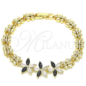 Pulsera Elegante 03.210.0127.1.07 Oro Laminado, Diseño de Flor y Mariposa, con Negro and Blanca Zirconia Cubica, Pulido, Tono Dorado (08 MM Thickness, 7 Inches Length)