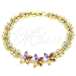 Pulsera Elegante 03.210.0127.2.07 Oro Laminado, Diseño de Flor y Mariposa, con Multicolor Zirconia Cubica, Pulido, Tono Dorado (08 MM Thickness, 7 Inches Length)