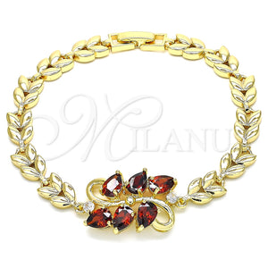 Pulsera Elegante 03.210.0128.07 Oro Laminado, Diseño de Gota y Oja, con Granate and Blanca Zirconia Cubica, Pulido, Tono Dorado (07 MM Thickness, 7 Inches Length)