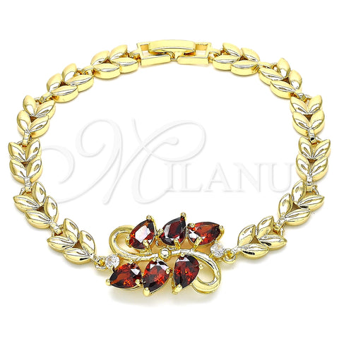 Pulsera Elegante 03.210.0128.07 Oro Laminado, Diseño de Gota y Oja, con Granate and Blanca Zirconia Cubica, Pulido, Tono Dorado (07 MM Thickness, 7 Inches Length)