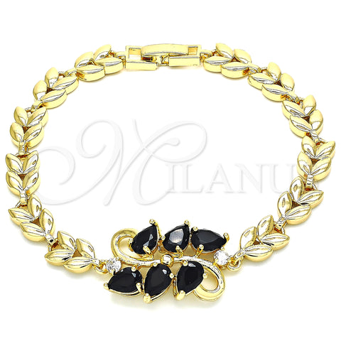 Pulsera Elegante 03.210.0128.1.07 Oro Laminado, Diseño de Gota y Oja, con Negro and Blanca Zirconia Cubica, Pulido, Tono Dorado (07 MM Thickness, 7 Inches Length)