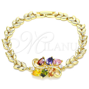 Pulsera Elegante 03.210.0128.2.07 Oro Laminado, Diseño de Gota y Oja, con Multicolor Zirconia Cubica, Pulido, Tono Dorado (07 MM Thickness, 7 Inches Length)