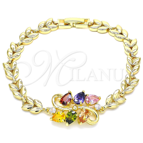 Pulsera Elegante 03.210.0128.2.07 Oro Laminado, Diseño de Gota y Oja, con Multicolor Zirconia Cubica, Pulido, Tono Dorado (07 MM Thickness, 7 Inches Length)