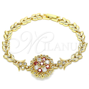 Pulsera Elegante 03.210.0129.08 Oro Laminado, Diseño de Flor y Oja, con Granate and Blanca Zirconia Cubica, Pulido, Tono Dorado (07 MM Thickness, 8 Inches Length)
