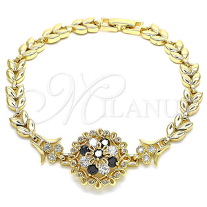 Pulsera Elegante 03.210.0129.1.08 Oro Laminado, Diseño de Flor y Oja, con Negro and Blanca Zirconia Cubica, Pulido, Tono Dorado (07 MM Thickness, 8 Inches Length)