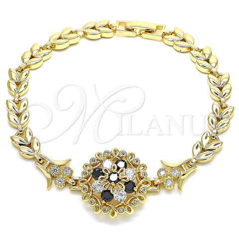 Pulsera Elegante 03.210.0129.1.08 Oro Laminado, Diseño de Flor y Oja, con Negro and Blanca Zirconia Cubica, Pulido, Tono Dorado (07 MM Thickness, 8 Inches Length)