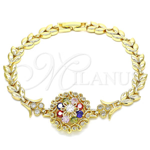 Pulsera Elegante 03.210.0129.2.08 Oro Laminado, Diseño de Flor y Oja, con Multicolor Zirconia Cubica, Pulido, Tono Dorado (07 MM Thickness, 8 Inches Length)