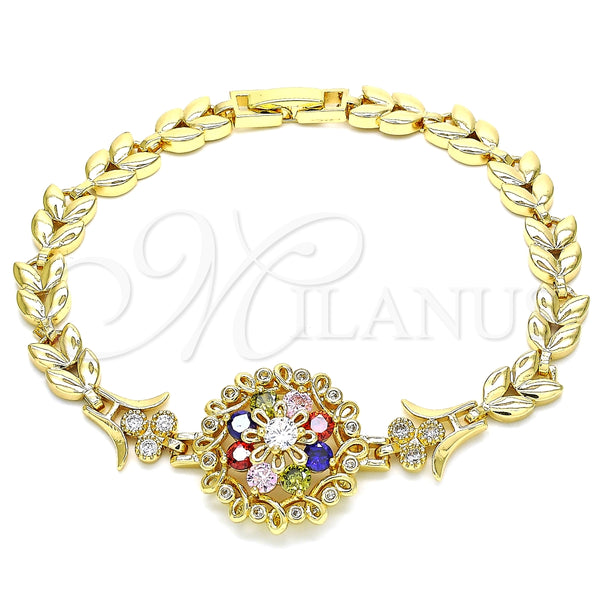 Pulsera Elegante 03.210.0129.2.08 Oro Laminado, Diseño de Flor y Oja, con Multicolor Zirconia Cubica, Pulido, Tono Dorado (07 MM Thickness, 8 Inches Length)