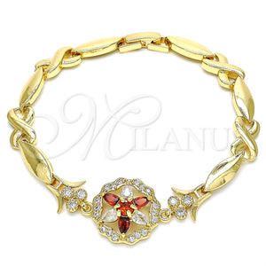 Pulsera Elegante 03.210.0130.08 Oro Laminado, Diseño de Flor y Besos y Abrazos, con Granate and Blanca Zirconia Cubica, Pulido, Tono Dorado (07 MM Thickness, 8 Inches Length)
