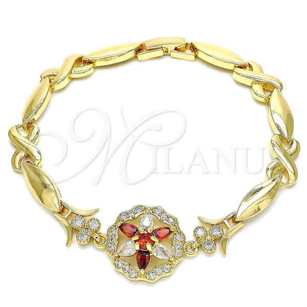 Pulsera Elegante 03.210.0130.08 Oro Laminado, Diseño de Flor y Besos y Abrazos, con Granate and Blanca Zirconia Cubica, Pulido, Tono Dorado (07 MM Thickness, 8 Inches Length)