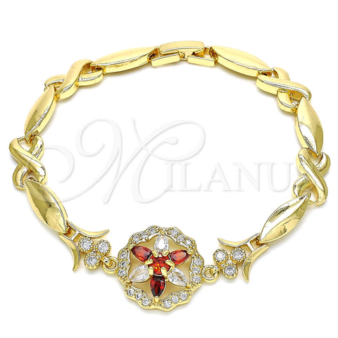 Pulsera Elegante 03.210.0130.08 Oro Laminado, Diseño de Flor y Besos y Abrazos, con Granate and Blanca Zirconia Cubica, Pulido, Tono Dorado (07 MM Thickness, 8 Inches Length)