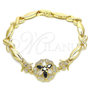Pulsera Elegante 03.210.0130.1.08 Oro Laminado, Diseño de Flor y Besos y Abrazos, con Negro and Blanca Zirconia Cubica, Pulido, Tono Dorado (07 MM Thickness, 8 Inches Length)