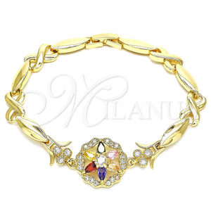 Pulsera Elegante 03.210.0130.2.08 Oro Laminado, Diseño de Flor y Besos y Abrazos, con Multicolor Zirconia Cubica, Pulido, Tono Dorado (07 MM Thickness, 8 Inches Length)