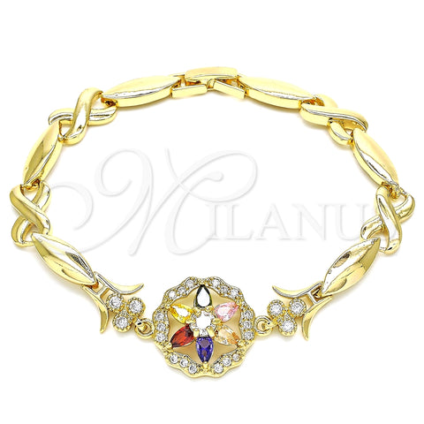 Pulsera Elegante 03.210.0130.2.08 Oro Laminado, Diseño de Flor y Besos y Abrazos, con Multicolor Zirconia Cubica, Pulido, Tono Dorado (07 MM Thickness, 8 Inches Length)